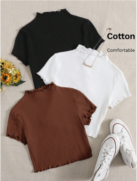 SHEIN EZwear تي شيرت نسائي بأكمام قصيرة مع حافة مموجة